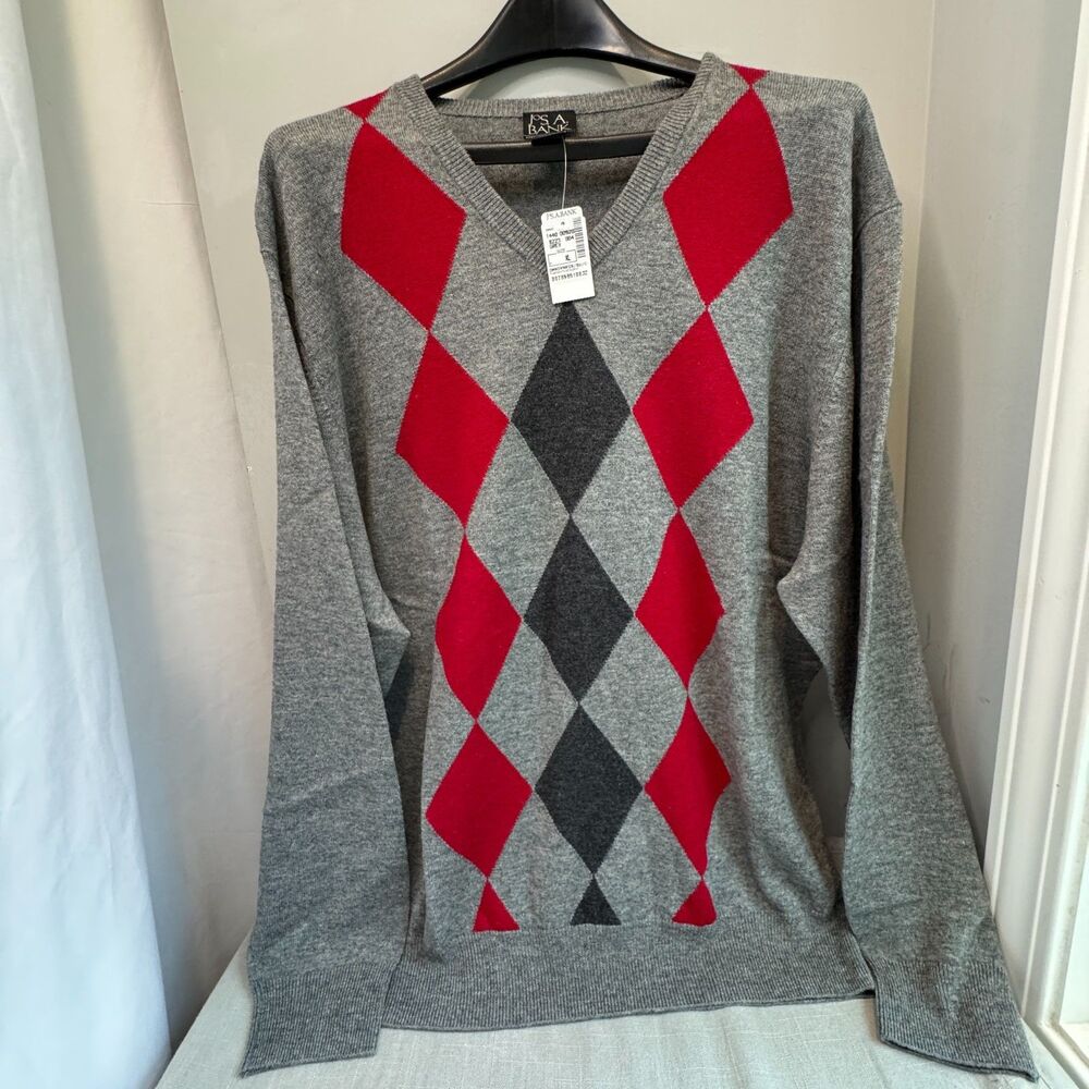 JoS. A. Bank Men’s Wool Blend Argyle V-Neck Sweater Grey Red NWT Classic SZ XL
